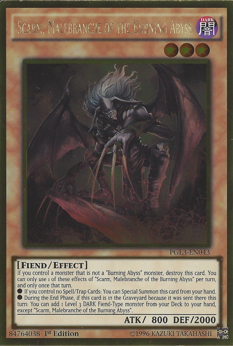 scariest yugioh cards Scarm, Malebranche of the Burning Abyss [PGL3-EN043] Gold Rare